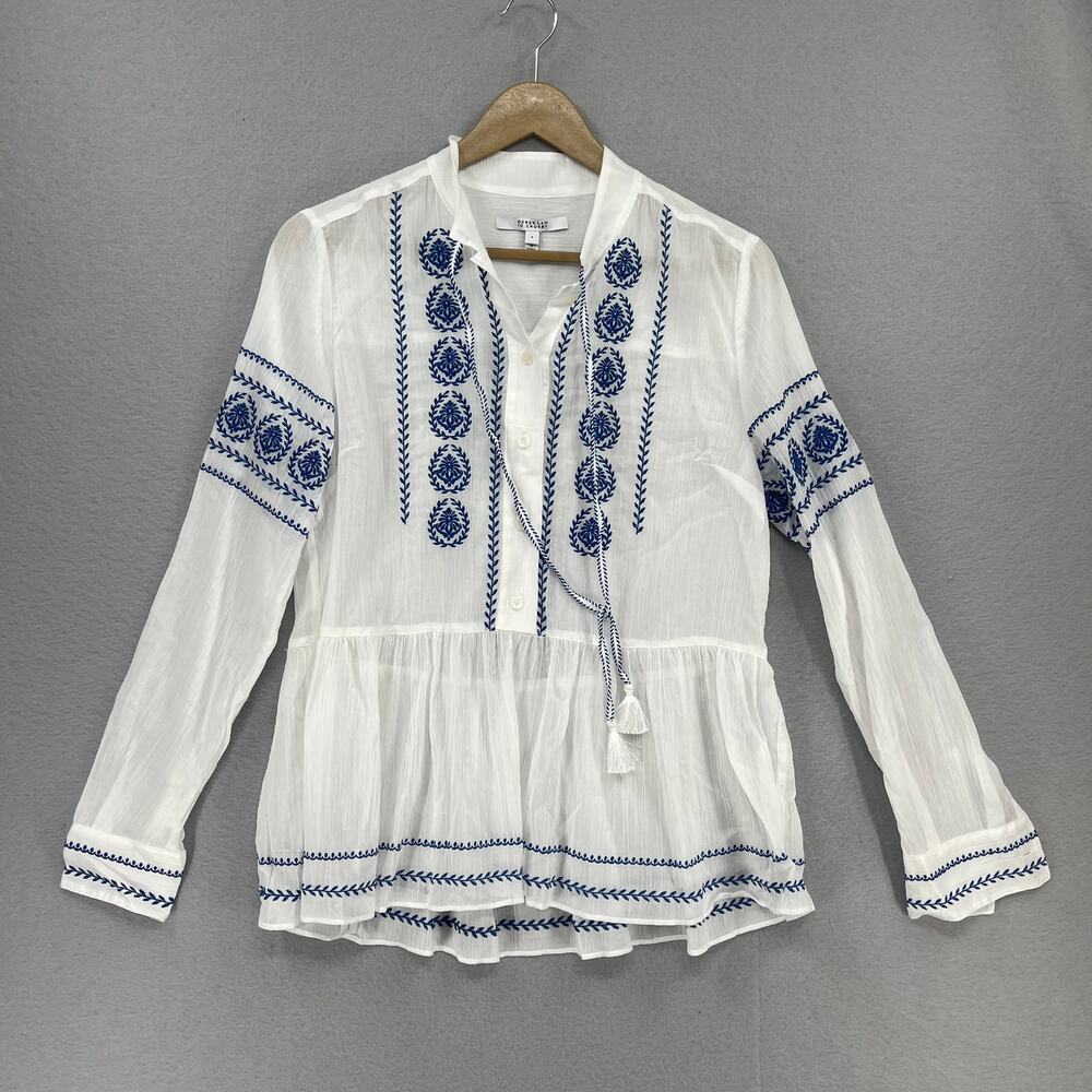 Derek Lam 10 Crosby Blouse Sz 4 White Blue Ailani Embroidered Sheer Coastal Chic